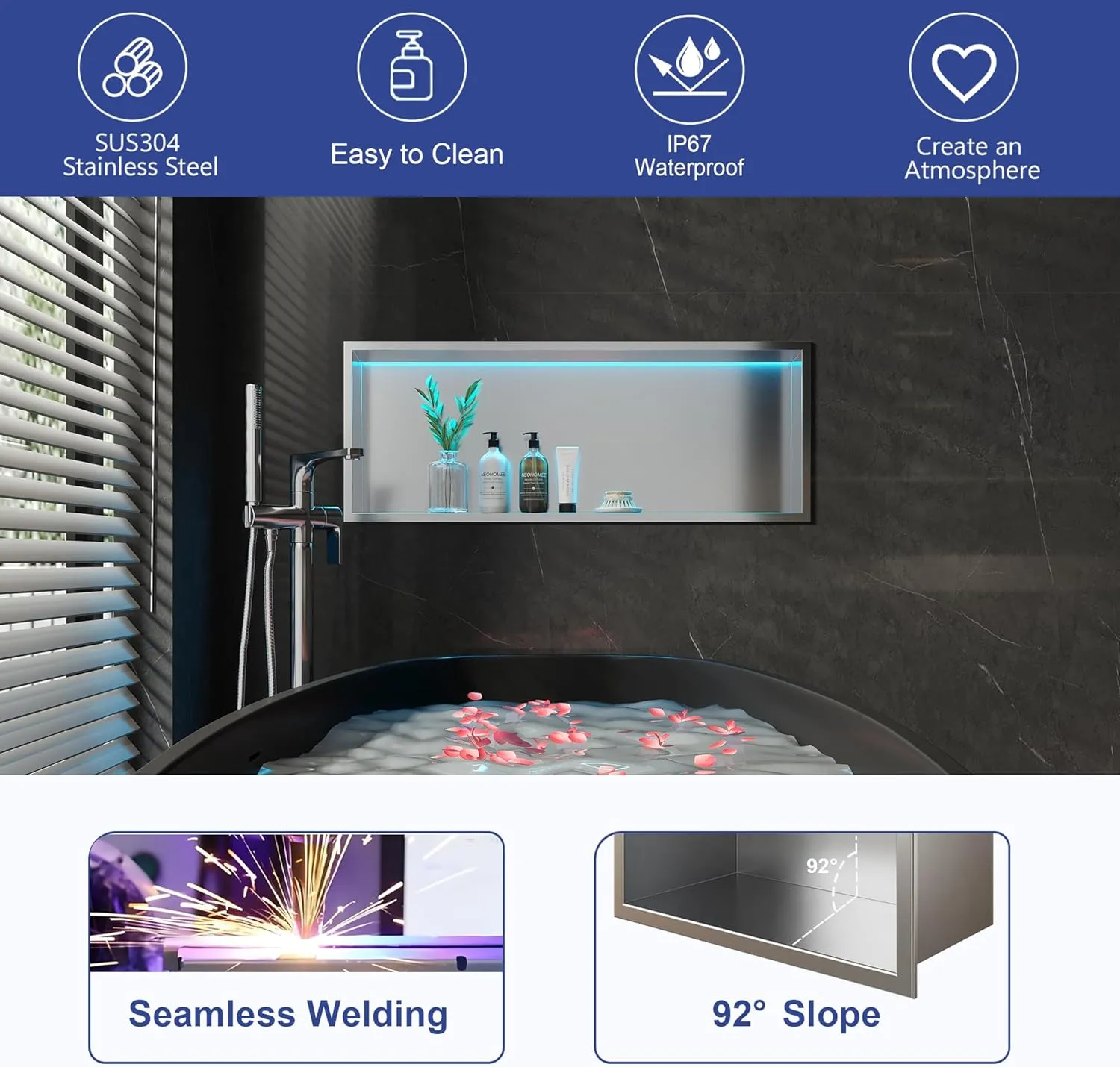 30X12 RGB Shower Niche, Brushed Nickel Stainless Steel LED Wall Niche, No Tile Needed Wall Niche for Bathroom Storage Over Mount Installation