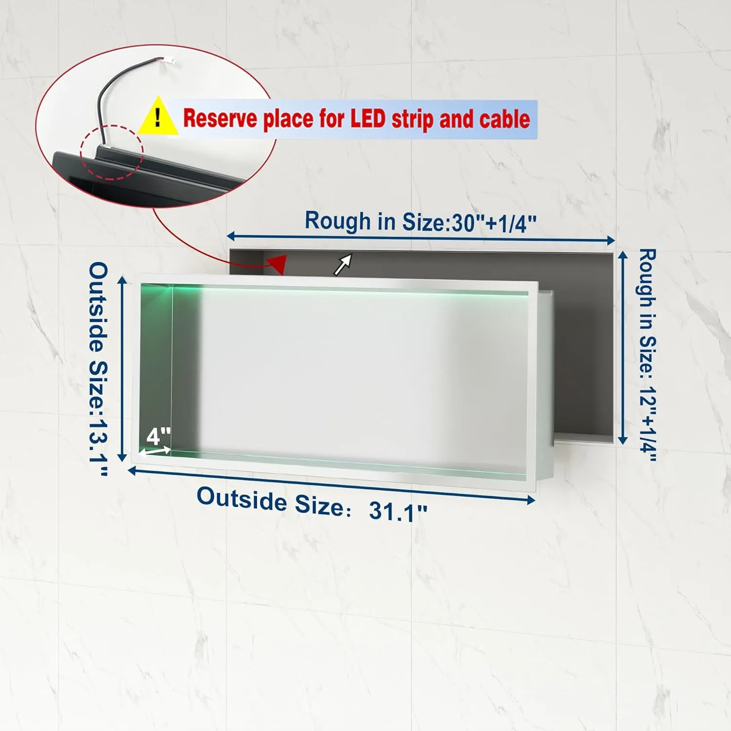 30X12 RGB Shower Niche, Brushed Nickel Stainless Steel LED Wall Niche, No Tile Needed Wall Niche for Bathroom Storage Over Mount Installation