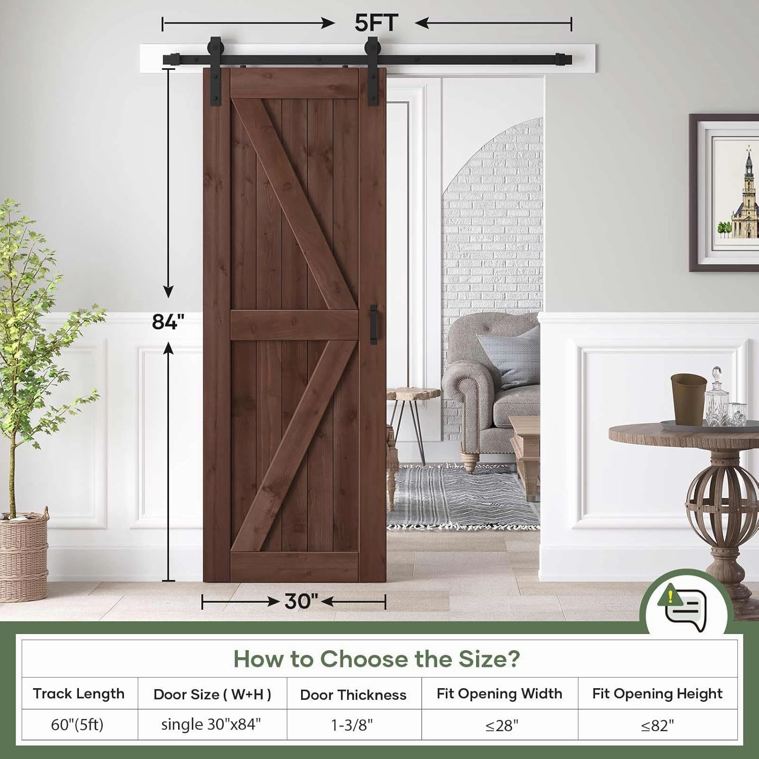 30x84 inch Sliding Barn Wood Door Slab with 5ft Hardware Kit and Handle, Coffee, K Shape, Simple DIY Assembly