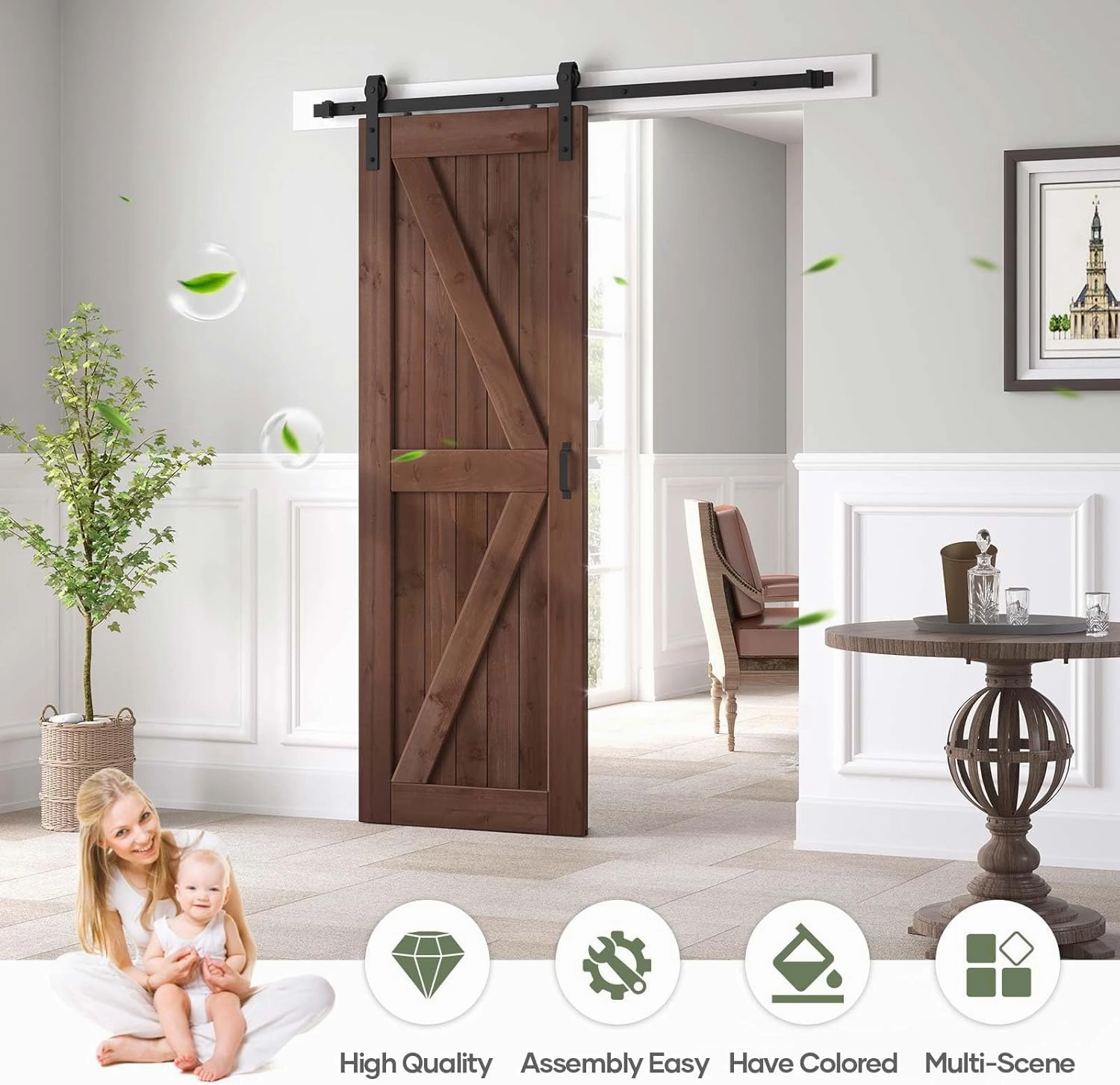 30x84 inch Sliding Barn Wood Door Slab with 5ft Hardware Kit and Handle, Coffee, K Shape, Simple DIY Assembly