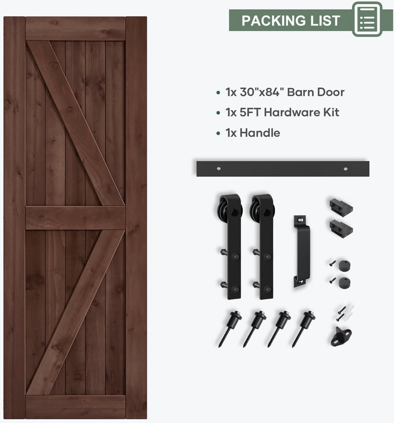 30x84 inch Sliding Barn Wood Door Slab with 5ft Hardware Kit and Handle, Coffee, K Shape, Simple DIY Assembly