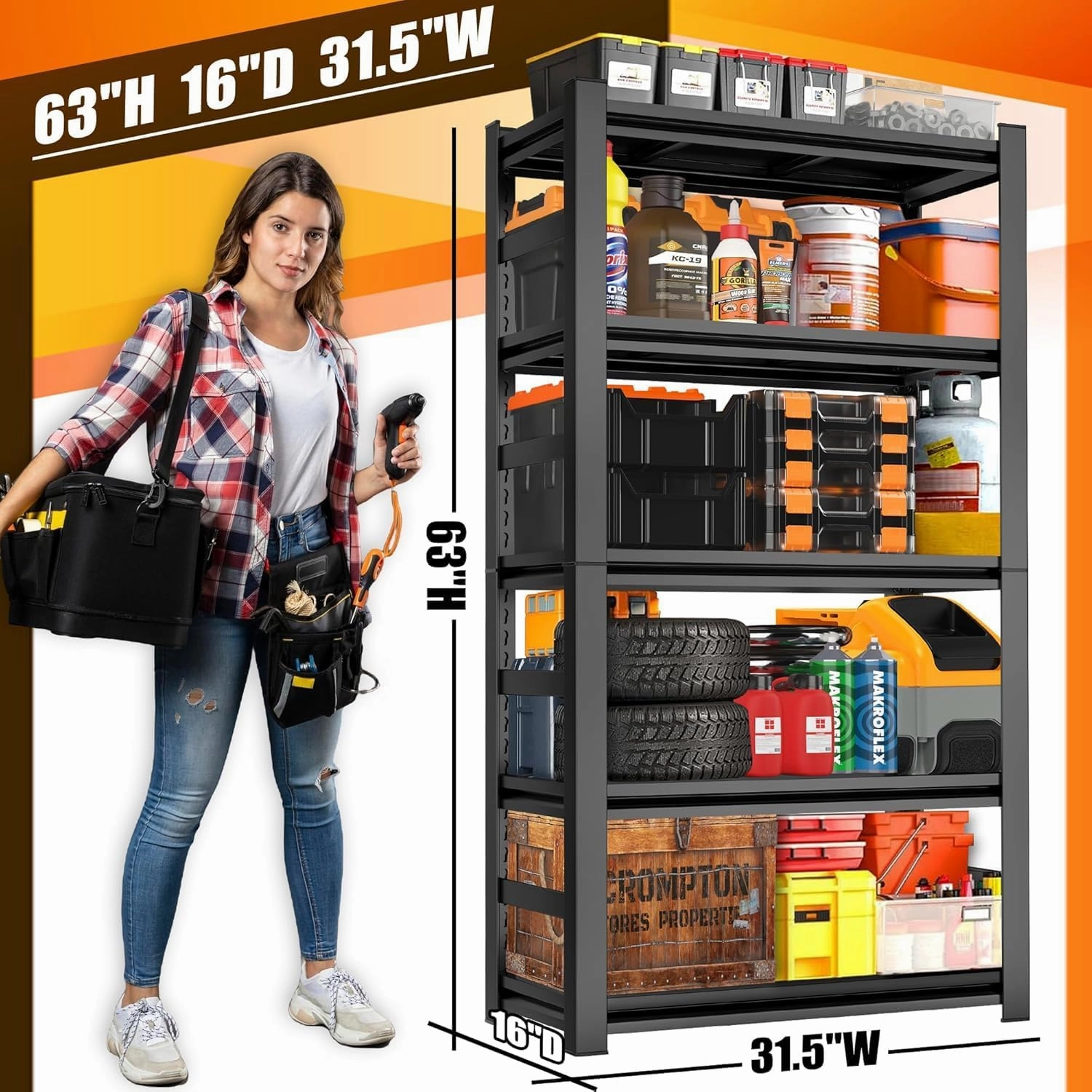 32" W x 16" D x 63" H Garage Shelving - 5 Tier Adjustable Storage Shelves, Heavy Duty Metal Storage Utility Rack Shelf Unit for Warehouse Pantry Closet Kitchen, Black