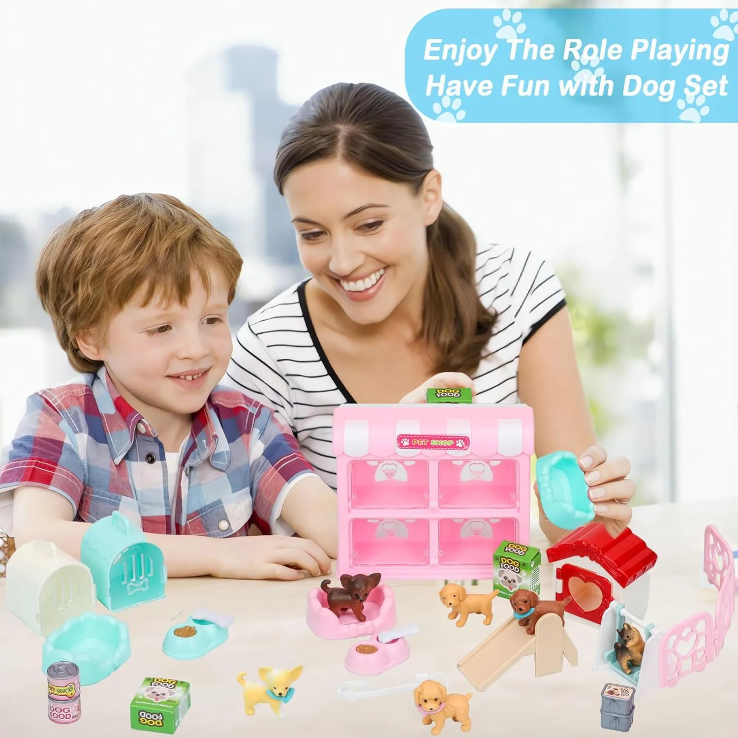 32Pcs Dog Toys for Kids Pretend Play Dog Figures Playset Toddlers Toy Interactive Puppy Role Play Set Realistic Dogs Care Center Birthday Gifts for 3 4 5 6  Year Old Girls and Boys