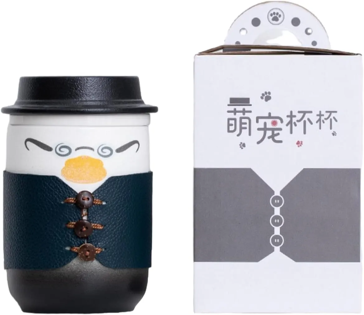 350ml/12oz Creative Cute Pet Ceramic Cap Mug Cute Couple Office Tea Separation Cup-Gentleman's Cup (Duck) Safety Kit