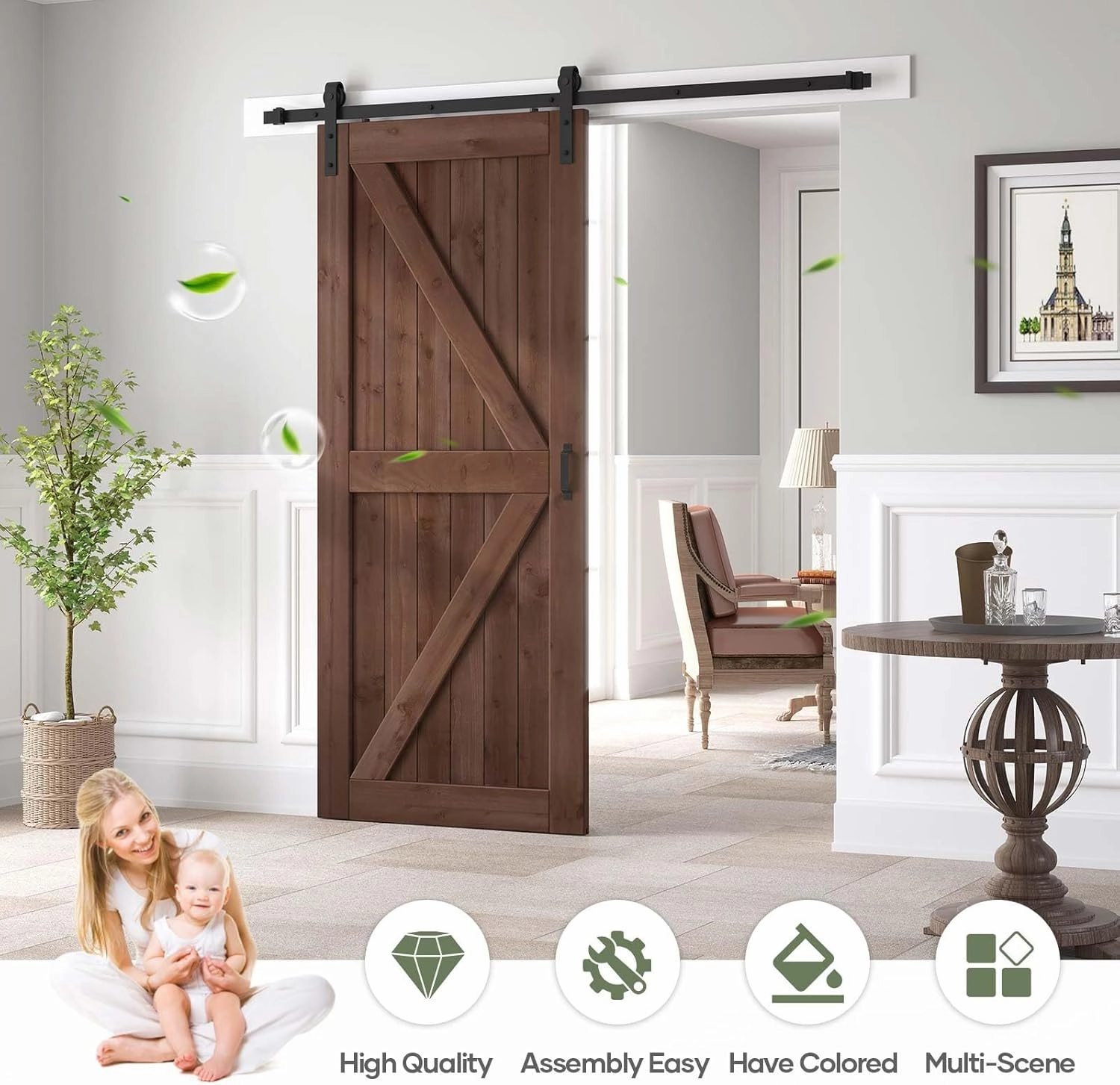 36x84 inch Sliding Barn Wood Door Slab with 6.6ft Hardware Kit and Handle, Coffee, K Shape, Simple DIY Assembly