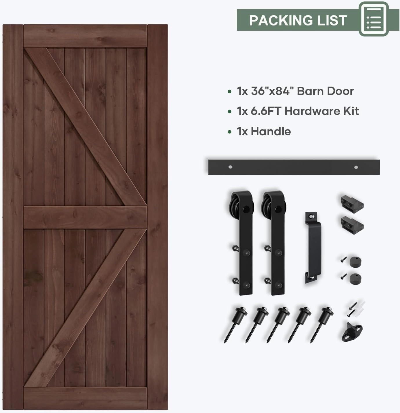 36x84 inch Sliding Barn Wood Door Slab with 6.6ft Hardware Kit and Handle, Coffee, K Shape, Simple DIY Assembly