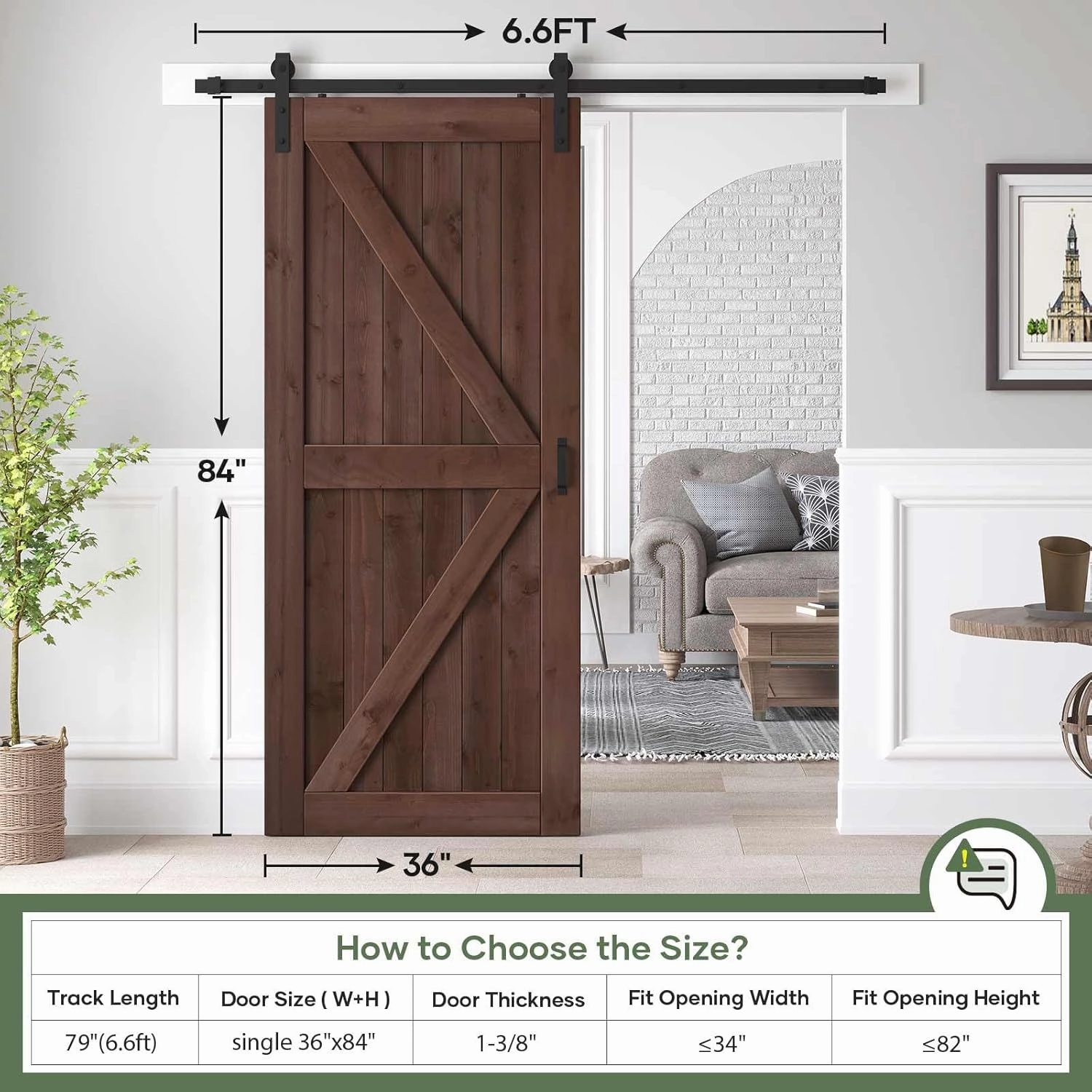 36x84 inch Sliding Barn Wood Door Slab with 6.6ft Hardware Kit and Handle, Coffee, K Shape, Simple DIY Assembly