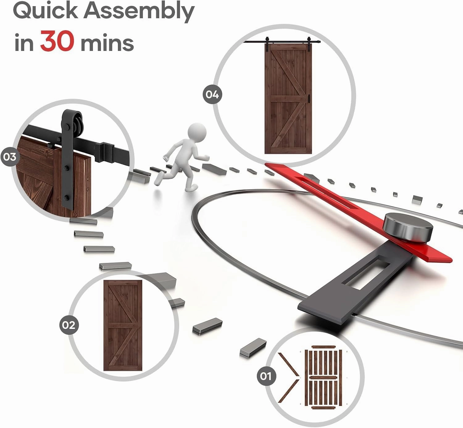 36x84 inch Sliding Barn Wood Door Slab with 6.6ft Hardware Kit and Handle, Coffee, K Shape, Simple DIY Assembly