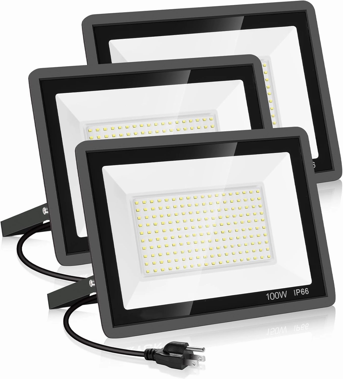 3 Pack 100W Led Flood Lights Outdoor,Super Bright 11600LM Security Lights with Plug,Exterior IP66 Waterproof 5000K Daylight White FloodLight for Basketball Court, Yard, Garden, Playground
