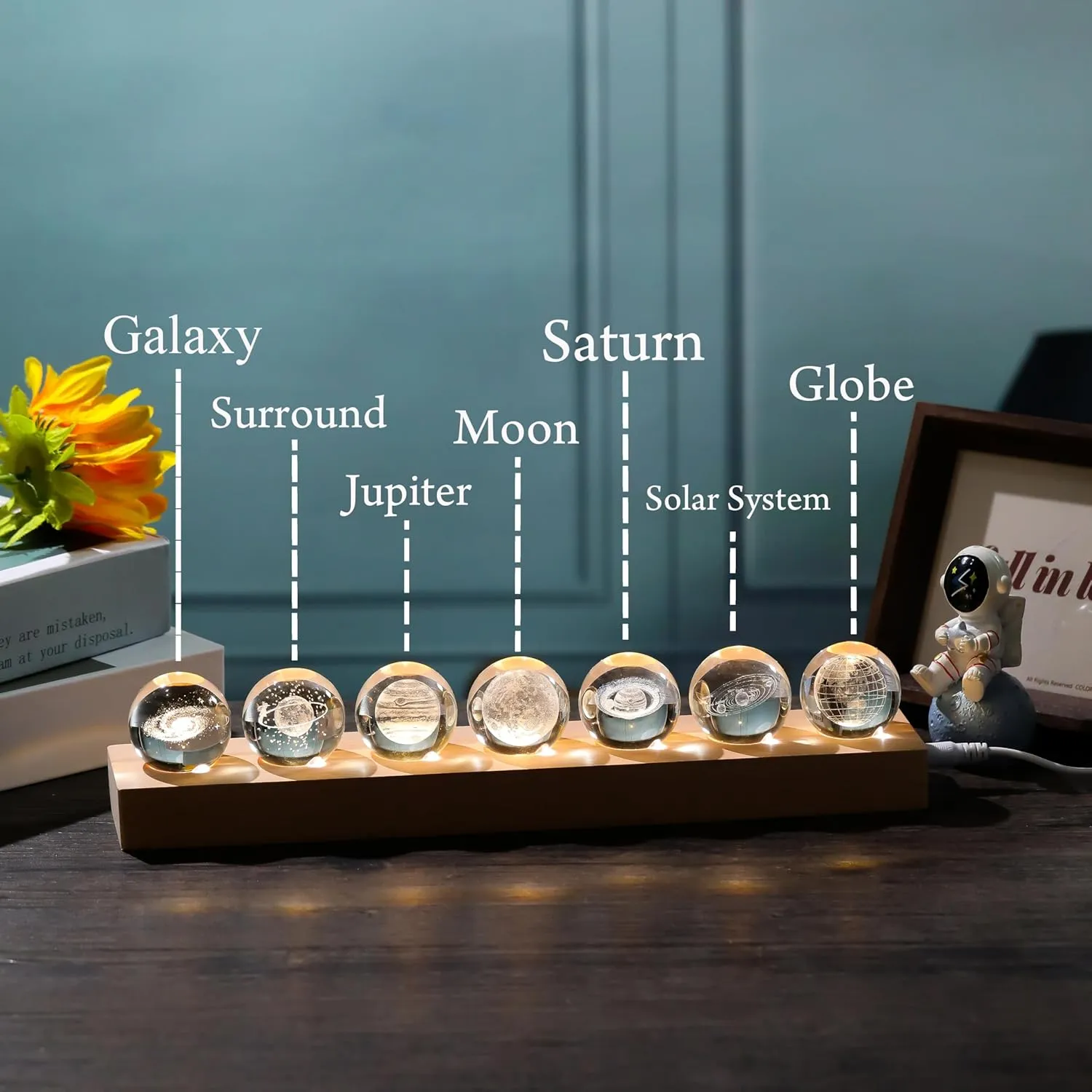 3d Crystal Ball Solar System Crystal Ball with Led Lamp Base - Best Birthday Science Gifts For Man Teacher Boy Kids Girls Men - Galaxy Jupiter Saturn Moon Earth Solar System Space Astronomy Gifts
