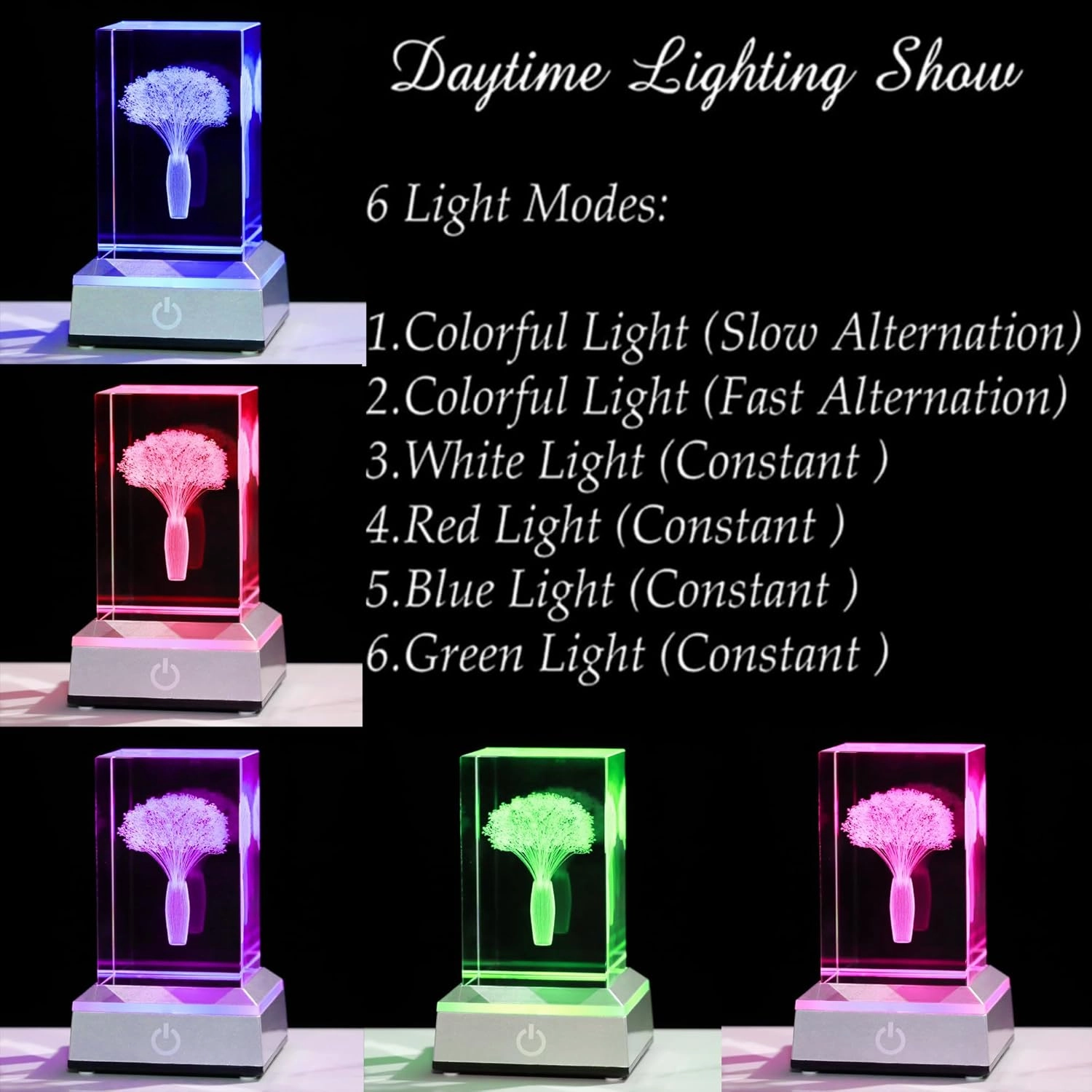 3D Crystal Babys Breath with Colorful Light Base Laser Engraved- Fake Baby Breath Flowers Figurines Statue Laser Engraved - Baby's Breath Room Party Classroom Nature Decor Birthday Mothers Day Valenti