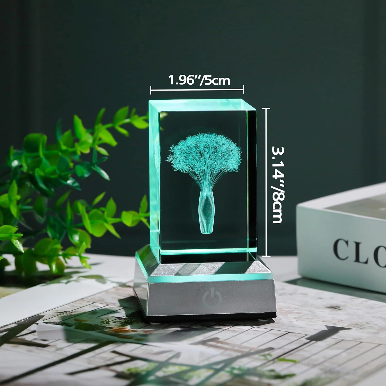 3D Crystal Babys Breath with Colorful Light Base Laser Engraved- Fake Baby Breath Flowers Figurines Statue Laser Engraved - Baby's Breath Room Party Classroom Nature Decor Birthday Mothers Day Valenti