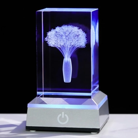 3D Crystal Babys Breath with Colorful Light Base Laser Engraved- Fake Baby Breath Flowers Figurines Statue Laser Engraved - Baby's Breath Room Party Classroom Nature Decor Birthday Mothers Day Valenti