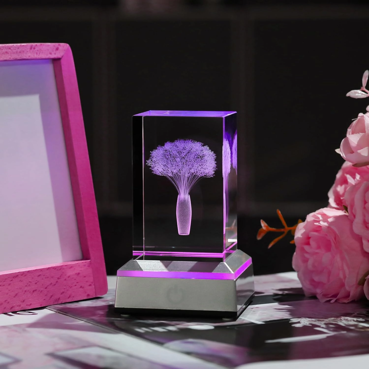 3D Crystal Babys Breath with Colorful Light Base Laser Engraved- Fake Baby Breath Flowers Figurines Statue Laser Engraved - Baby's Breath Room Party Classroom Nature Decor Birthday Mothers Day Valenti