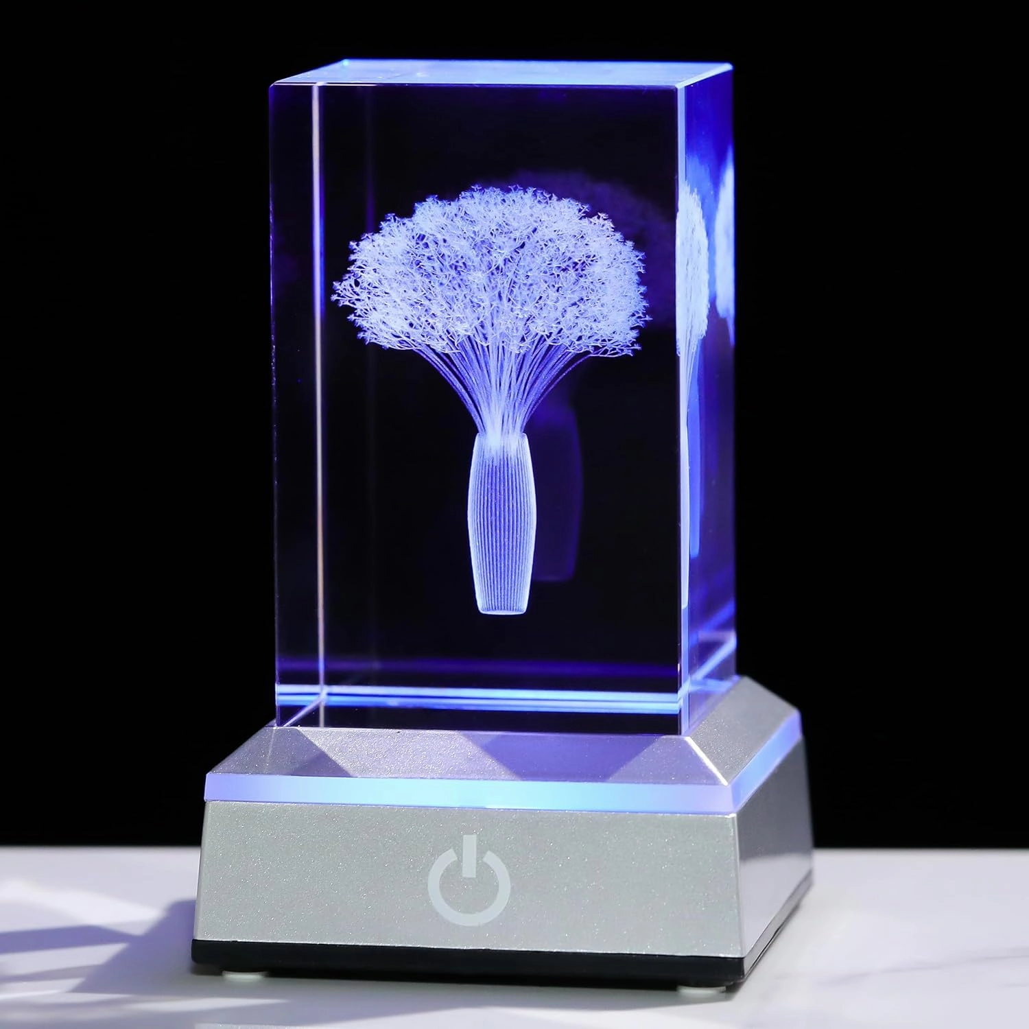 3D Crystal Babys Breath with Colorful Light Base Laser Engraved- Fake Baby Breath Flowers Figurines Statue Laser Engraved - Baby's Breath Room Party Classroom Nature Decor Birthday Mothers Day Valenti