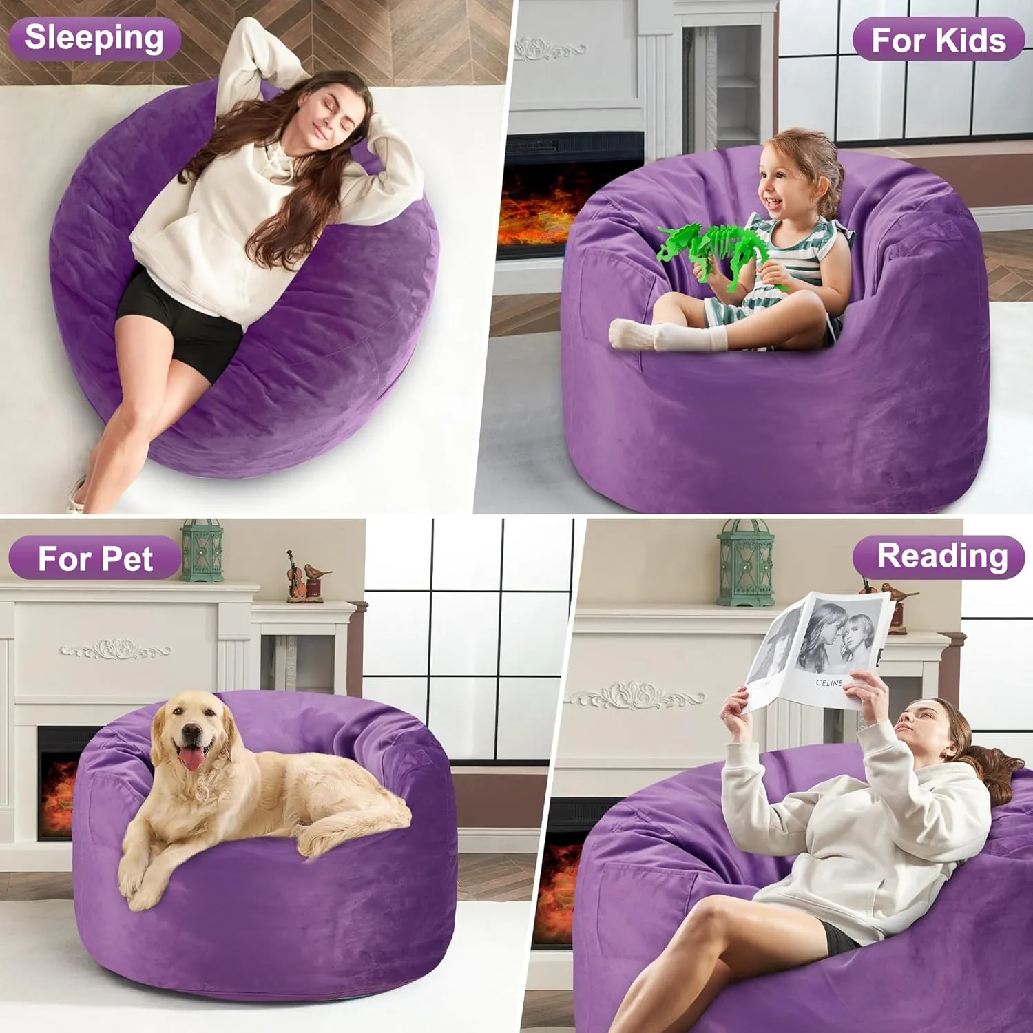 3Ft Bean Bag Chairs, Giant Bean Bag Chair with Memory Foam Filling, Removable and Machine Washable Velvet Cover, Bean Bag Chairs for Adult - Purple (36"×36"×24")