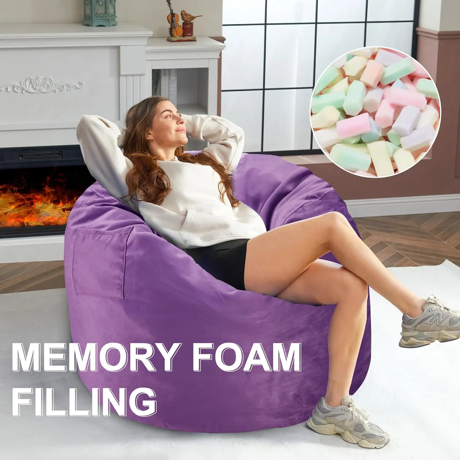 3Ft Bean Bag Chairs, Giant Bean Bag Chair with Memory Foam Filling, Removable and Machine Washable Velvet Cover, Bean Bag Chairs for Adult - Purple (36"×36"×24")