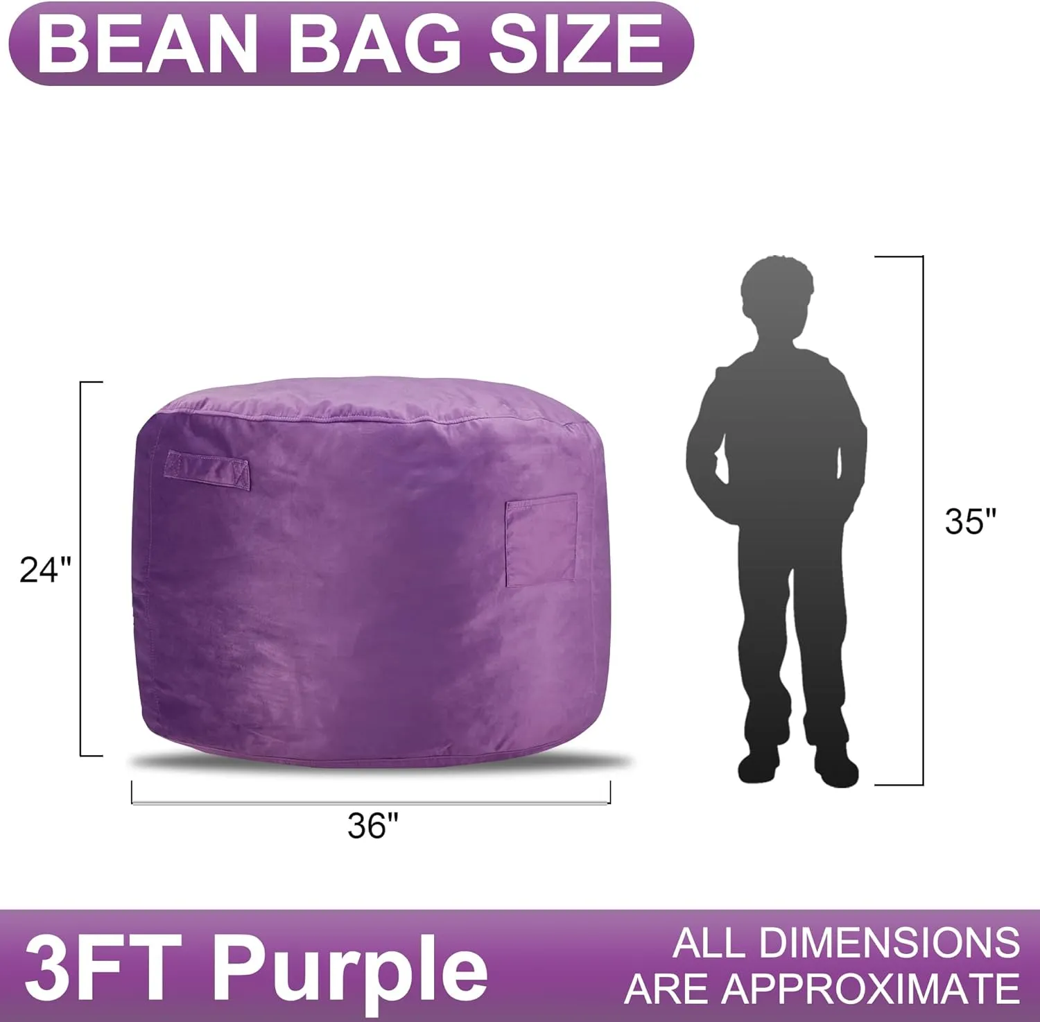 3Ft Bean Bag Chairs, Giant Bean Bag Chair with Memory Foam Filling, Removable and Machine Washable Velvet Cover, Bean Bag Chairs for Adult - Purple (36"×36"×24")