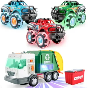 3Pack Monster Truck Toy - Toy Truck with Flashing LED Wheels - Light-Up Cars for Toddlers, LED Garbage Truck Toy Set Includes Dumpster, Toy Truck with Mode Switch & Volume Control