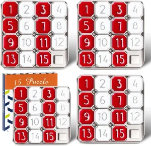 4 Pack Metal Number Slide 15 Puzzle Red and White Number Sliding Puzzle Educational Pocket Funny IQ Game for Teens and Adults, Ideal for Learning Tool Party Favors