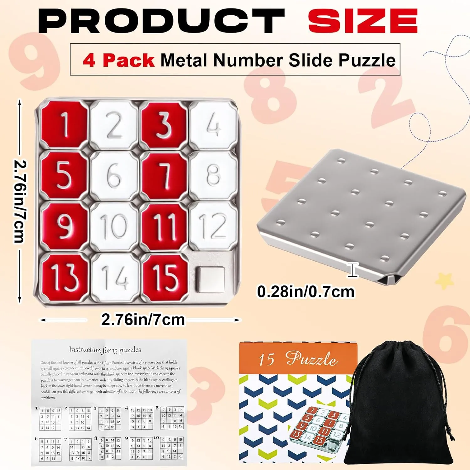4 Pack Metal Number Slide 15 Puzzle Red and White Number Sliding Puzzle Educational Pocket Funny IQ Game for Teens and Adults, Ideal for Learning Tool Party Favors