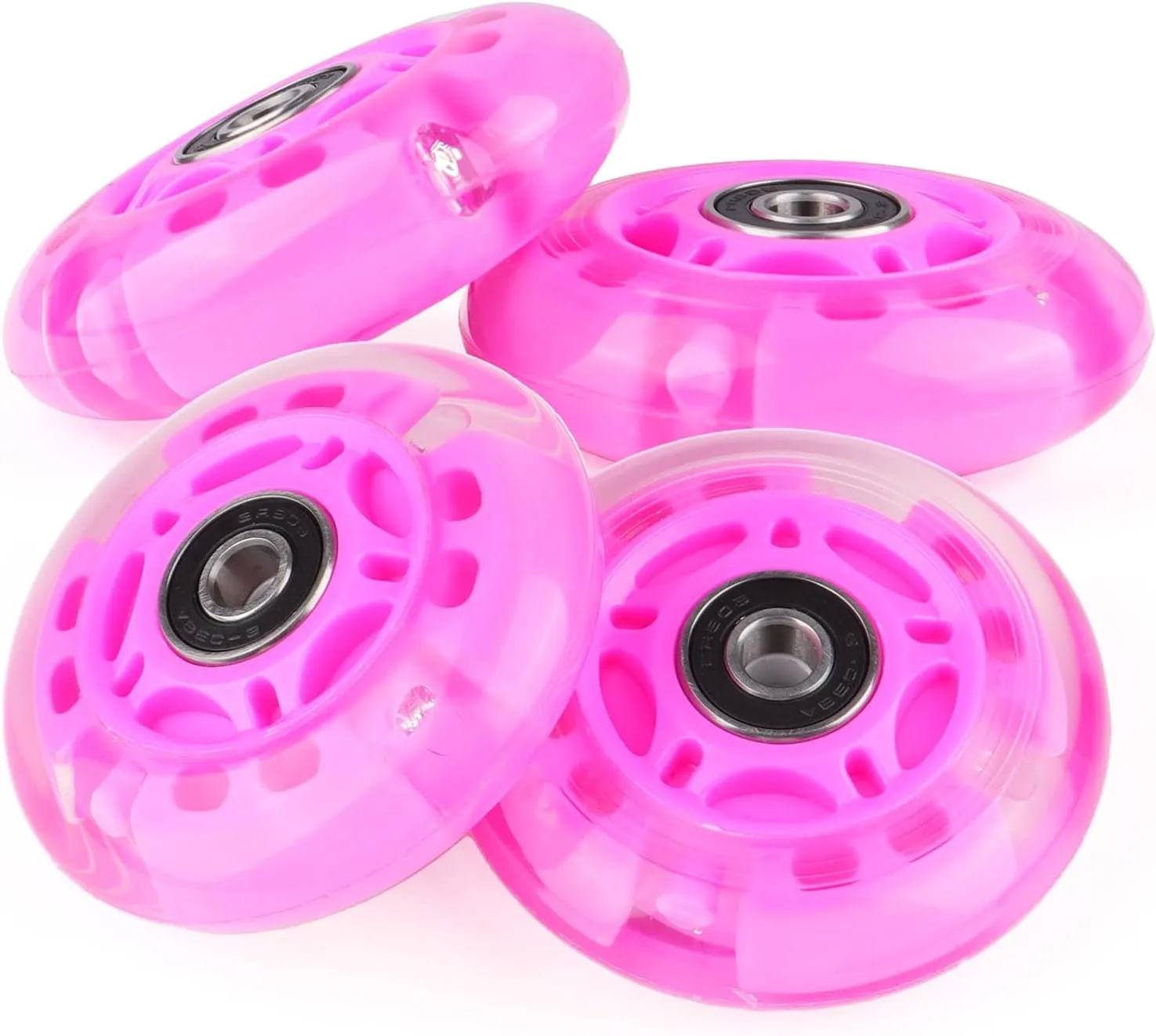 4-Pack PU Inline Skate Wheels Flashing Wheels Replacement w/Bushings for Kids Youth Children's Roller Skates (Pink, 72mm)
