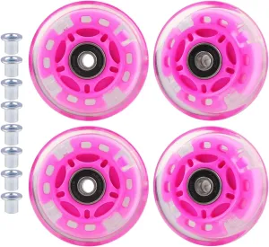 4-Pack PU Inline Skate Wheels Flashing Wheels Replacement w/Bushings for Kids Youth Children's Roller Skates (Pink, 72mm)
