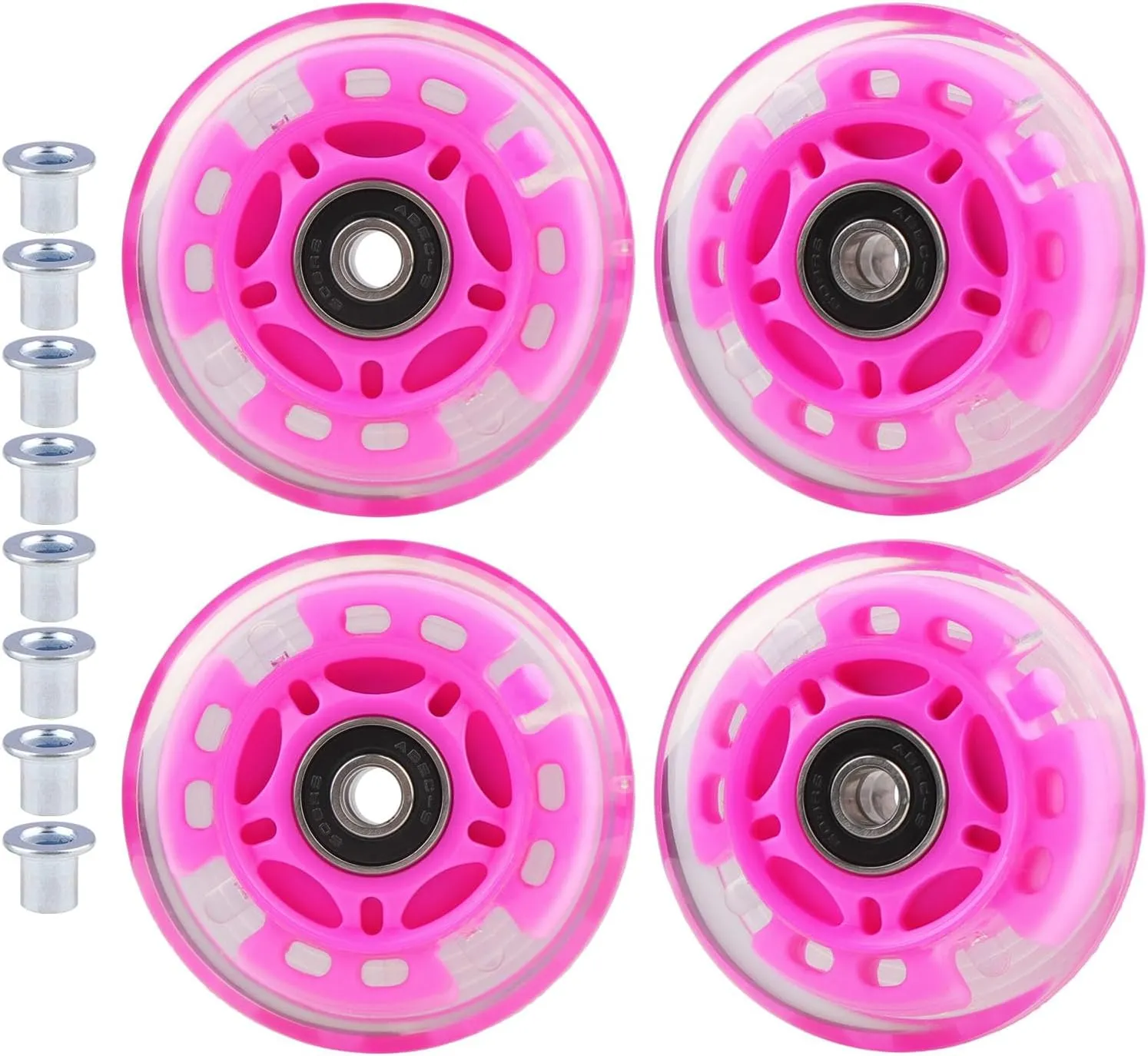 4-Pack PU Inline Skate Wheels Flashing Wheels Replacement w/Bushings for Kids Youth Children's Roller Skates (Pink, 72mm)