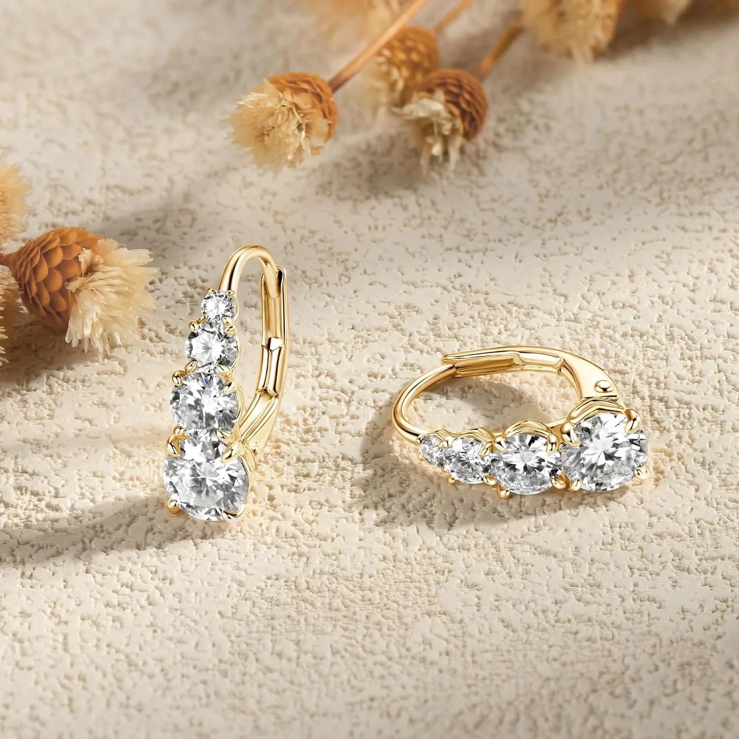 4 Stone Moissanite Hoop Earrings, 925 Sterling Silver Hypoallergenic Leverback Drop Earrings for Women, D Color VVS1 Round Cut Jewelry Gifts