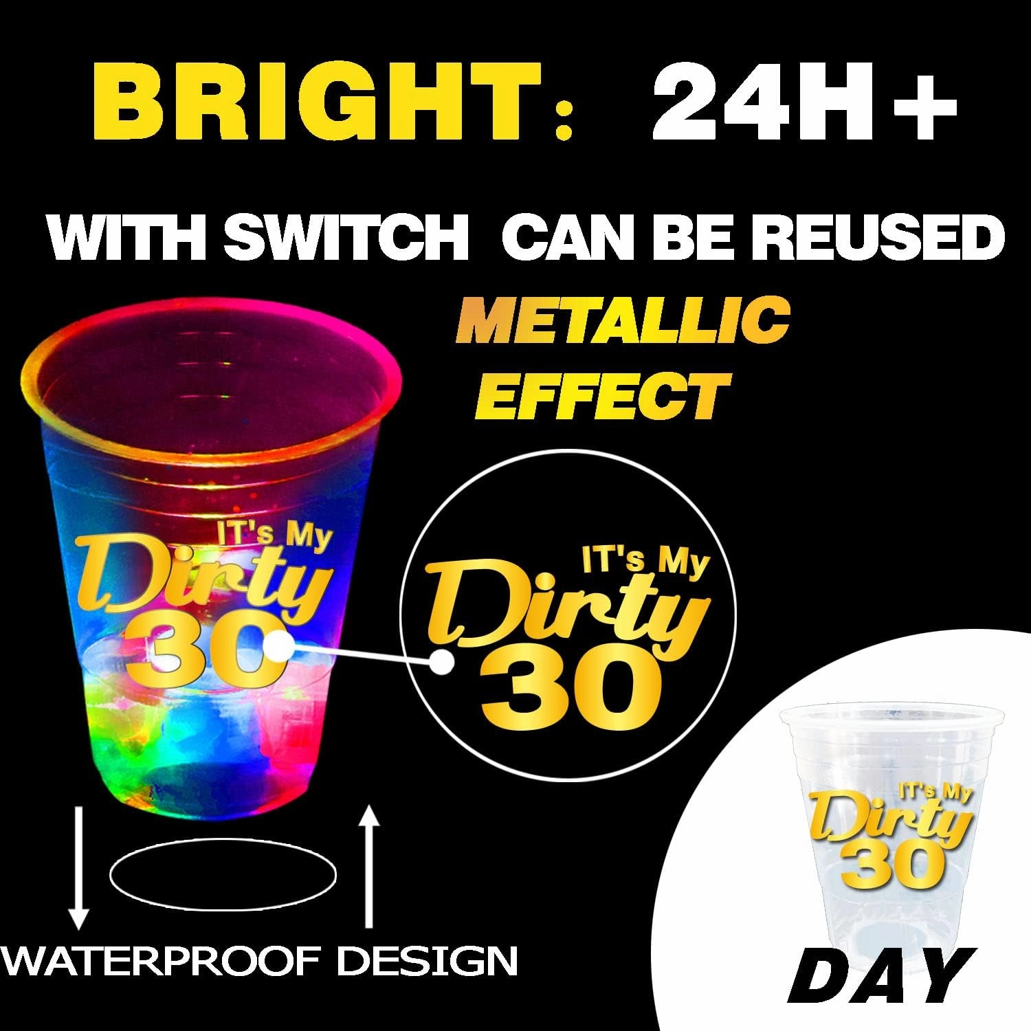 40 Pack Glow Birthday Party Supplies, Glowing 16oz Flashing Cups for Night Events, Dirty 30 Decorations