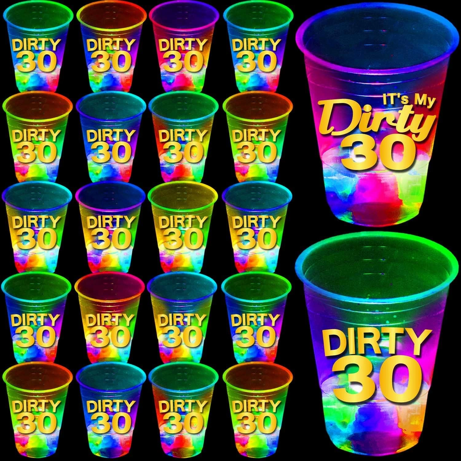 40 Pack Glow Birthday Party Supplies, Glowing 16oz Flashing Cups for Night Events, Dirty 30 Decorations