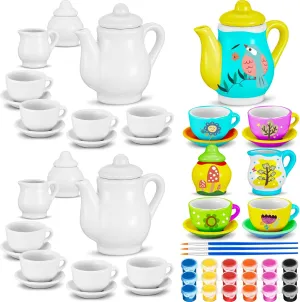 45 Pcs Spring Paint Your Own Tea Kit Craft DIY Tea Kit for Kids Ages 8  Mini Ceramic Tea Cups to Paint Including Porcelain Dishes Brush for Party Girls Boys Set(Cute Style)