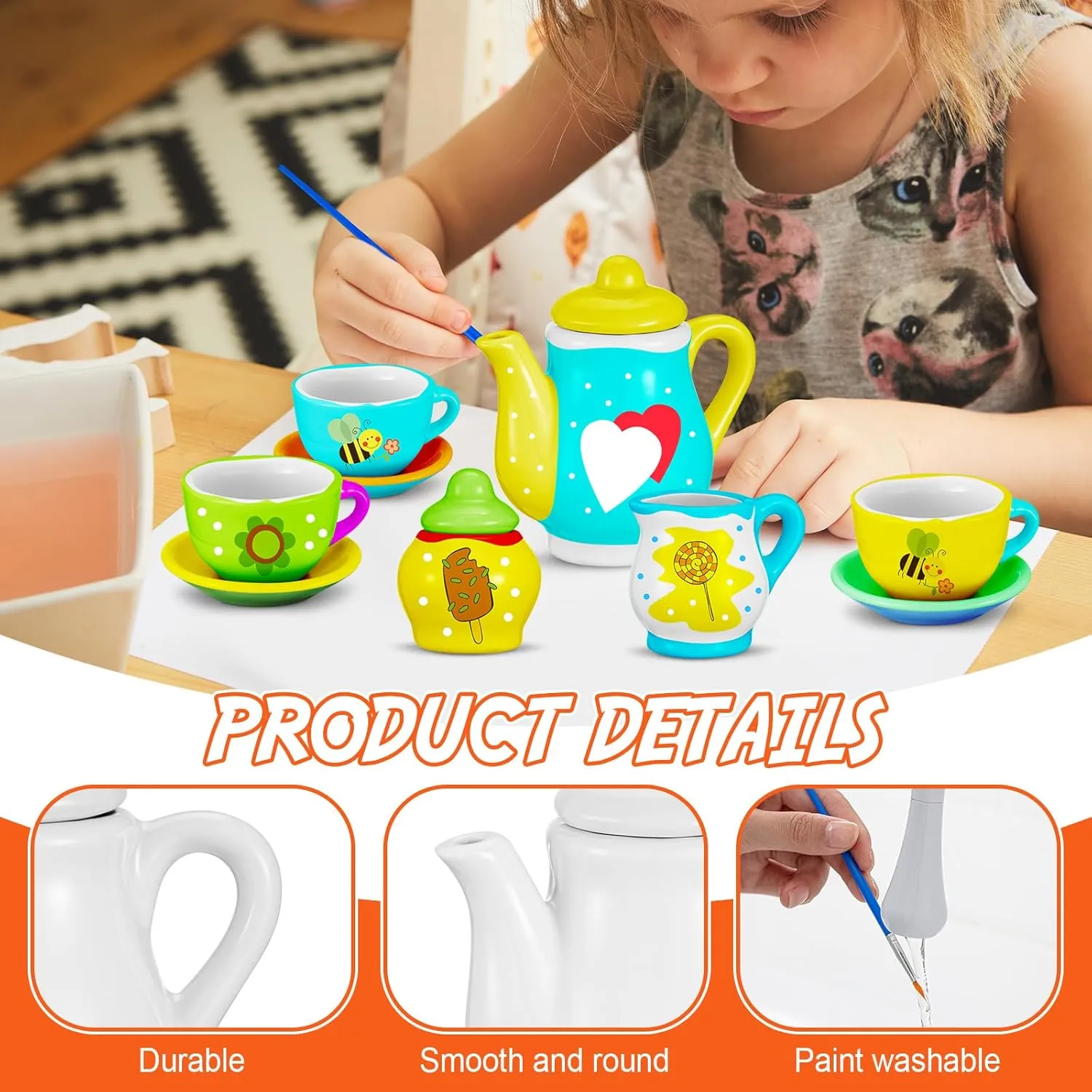 45 Pcs Spring Paint Your Own Tea Kit Craft DIY Tea Kit for Kids Ages 8  Mini Ceramic Tea Cups to Paint Including Porcelain Dishes Brush for Party Girls Boys Set(Cute Style)