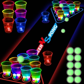 45 PCS Glow in the Dark Beer Pong Table Mat, Drinking Game Pong Game with Party Cups, Glow Pongs for Indoor Outdoor Party Game Party Supplies Decoration Flashing&Red&Blue