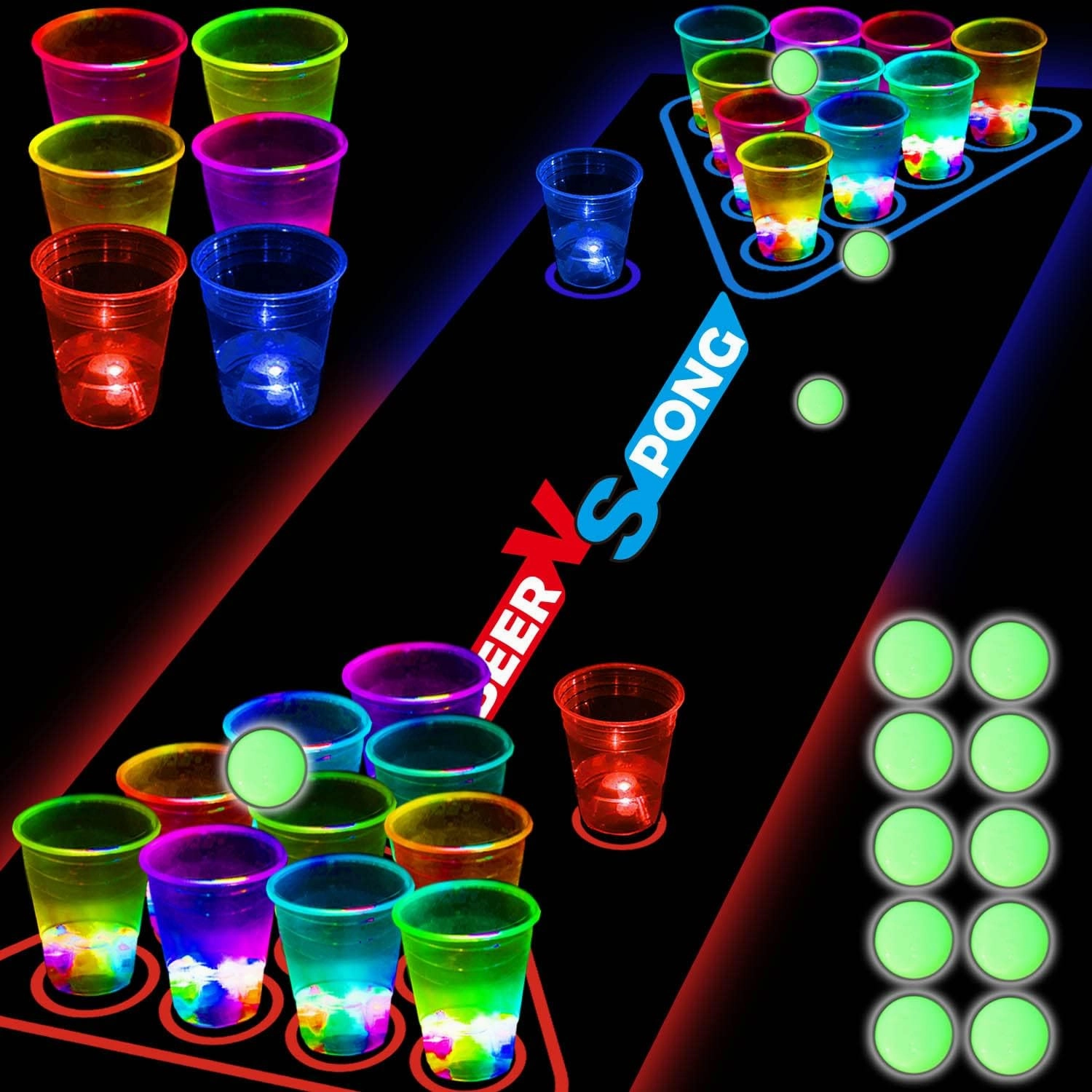 45 PCS Glow in the Dark Beer Pong Table Mat, Drinking Game Pong Game with Party Cups, Glow Pongs for Indoor Outdoor Party Game Party Supplies Decoration Flashing&Red&Blue