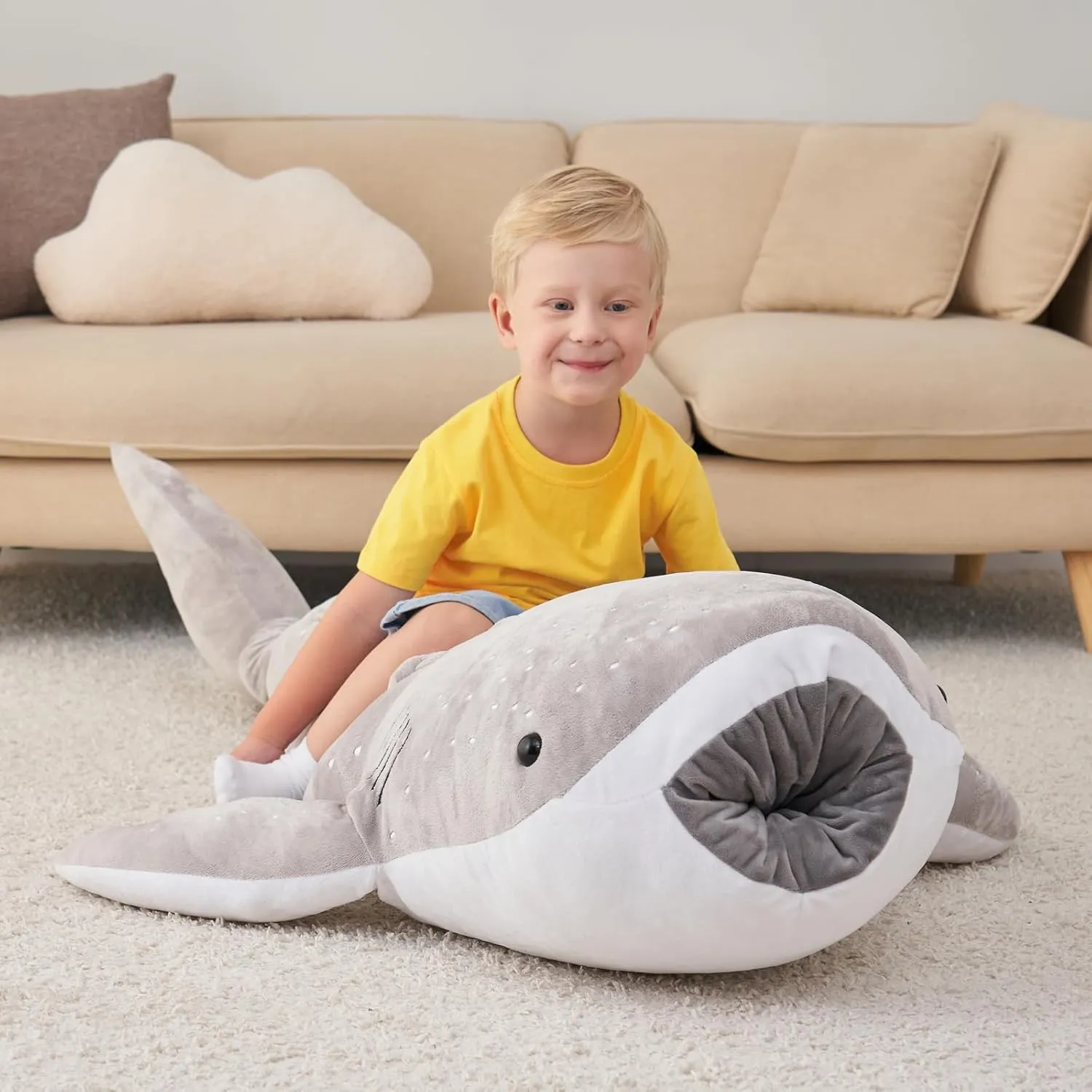 48 Inch Giant Gray Whale Shark Stuffed Animal Cuddly Whale Shark Plushie Shark Plush Pillow for Kids and Adults, Ocean Animal Gift for Shark Lovers