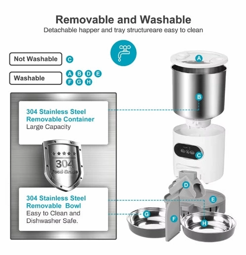 4.5L Cat Timing Feeder Smart Cat Dog Feeder Stainless steel Double Meal Pet Food Remote Feeding Automatic Dispenser Suitable Cats Dog