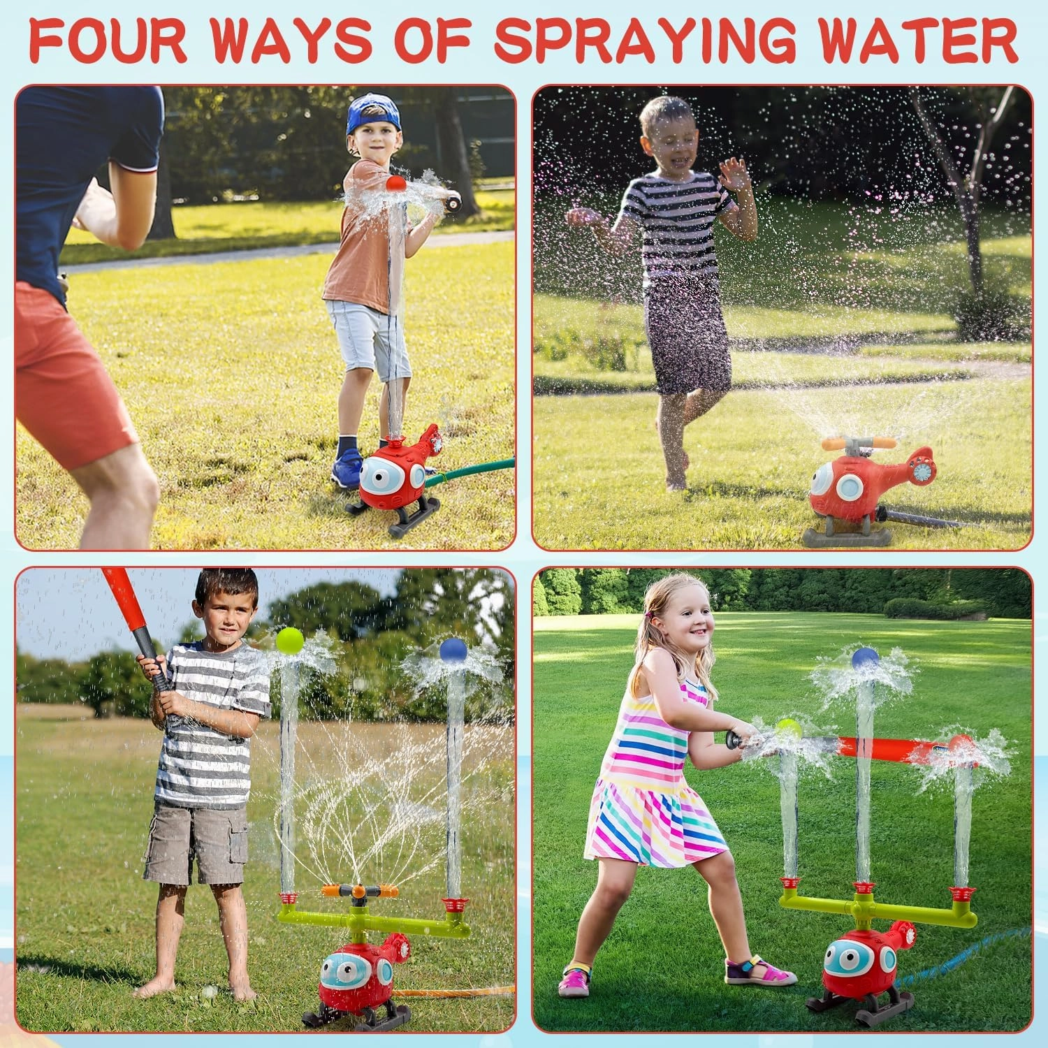 4 in 1 Water Sprinklers T Ball Set for Kids and Toddlers, Baseball Sprinkler for Backyard Helicopter Toy Outdoor Game, Attaches to Garden Hose Summer Yard Pool Water Toy