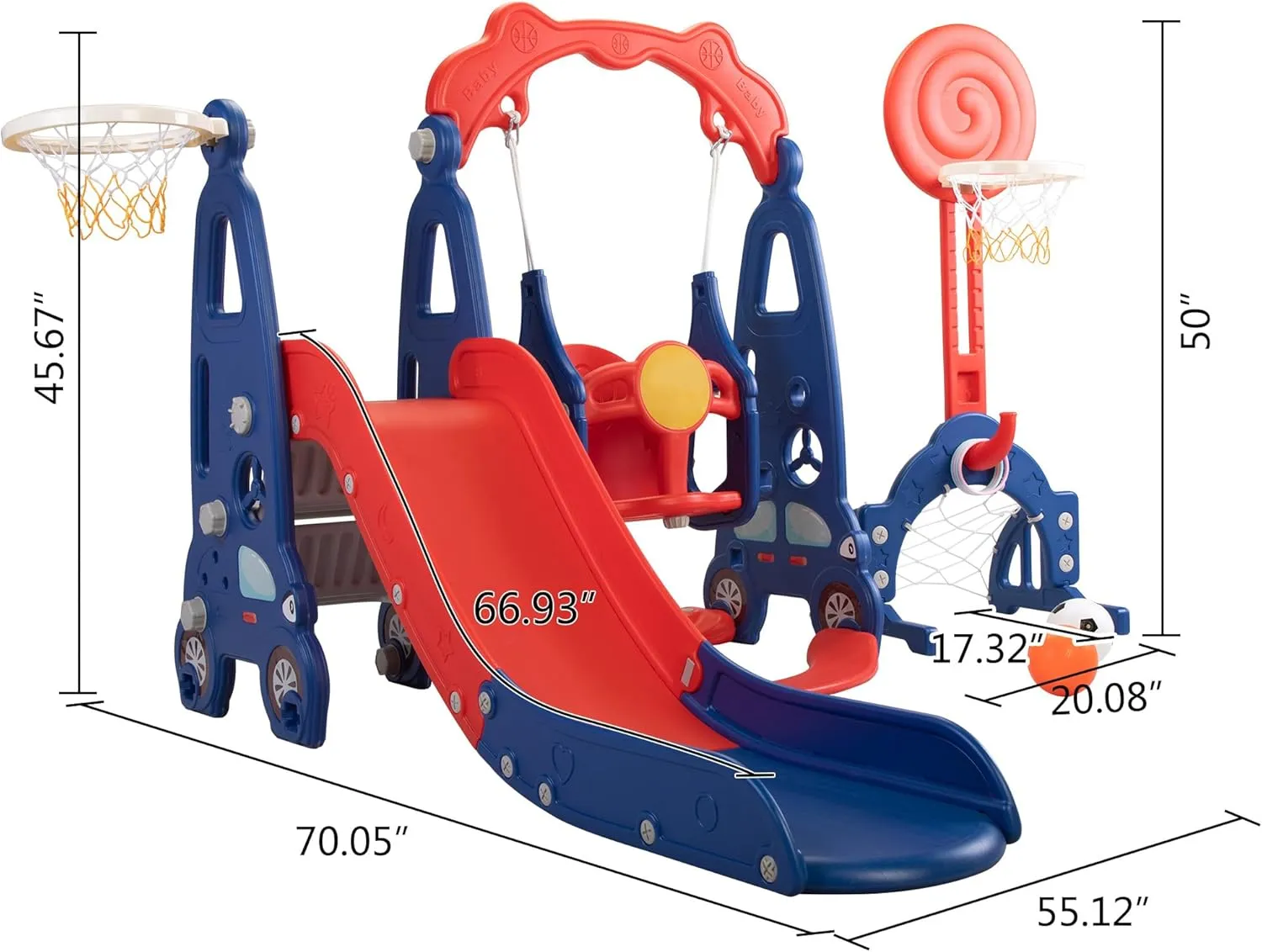5 in 1 Toddler Slide and Swing Play Set, Children Freestanding Slide with Basketball Hoop and Football Goal for Age 1 , Indoor and Outdoor Playground, Red and Blue
