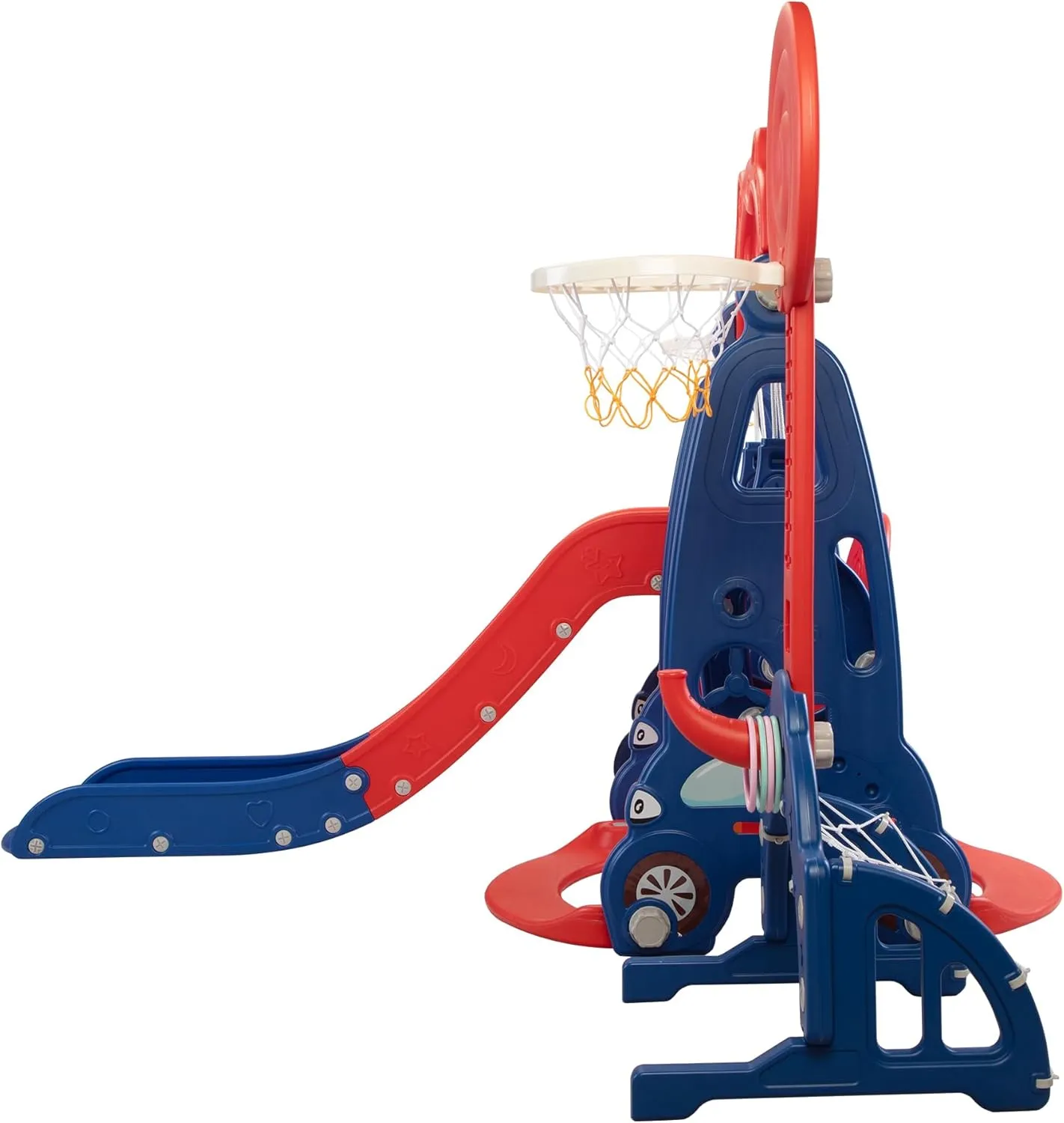 5 in 1 Toddler Slide and Swing Play Set, Children Freestanding Slide with Basketball Hoop and Football Goal for Age 1 , Indoor and Outdoor Playground, Red and Blue