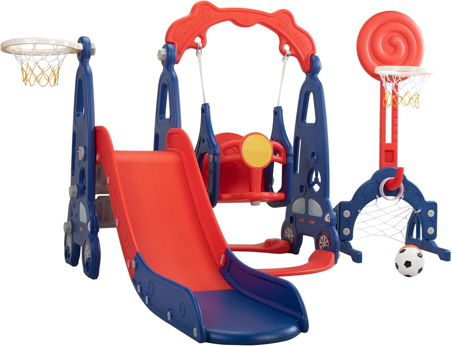 5 in 1 Toddler Slide and Swing Play Set, Children Freestanding Slide with Basketball Hoop and Football Goal for Age 1 , Indoor and Outdoor Playground, Red and Blue