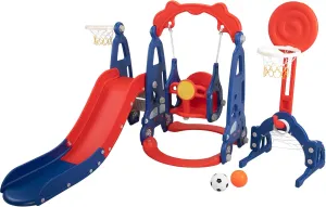 5 in 1 Toddler Slide and Swing Play Set, Children Freestanding Slide with Basketball Hoop and Football Goal for Age 1 , Indoor and Outdoor Playground, Red and Blue