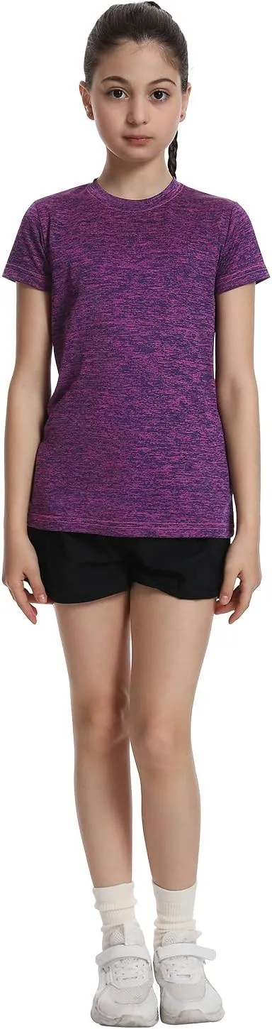 5 Pack Girls Athletic Shirts Short Sleeve Dry Fit Sports T-Shirts Crew Neck Activewear Tees Tops for Kids Teens