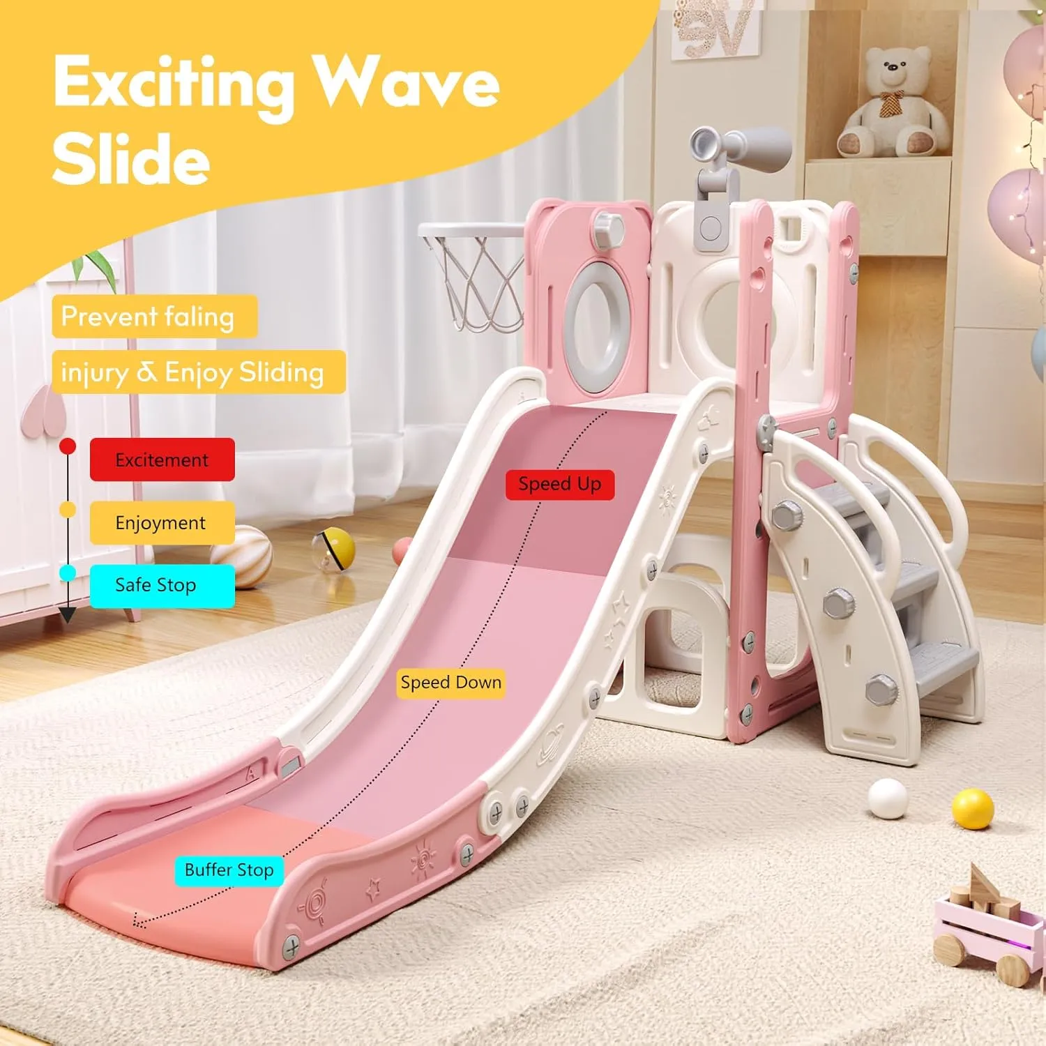 6 in 1 Toddler Playset with Slide, Kids Slide with Basketball Hoop, Ball, Ring Toss, Indoor Outdoor Toys (Pink White)