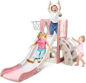 6 in 1 Toddler Playset with Slide, Kids Slide with Basketball Hoop, Ball, Ring Toss, Indoor Outdoor Toys (Pink White)