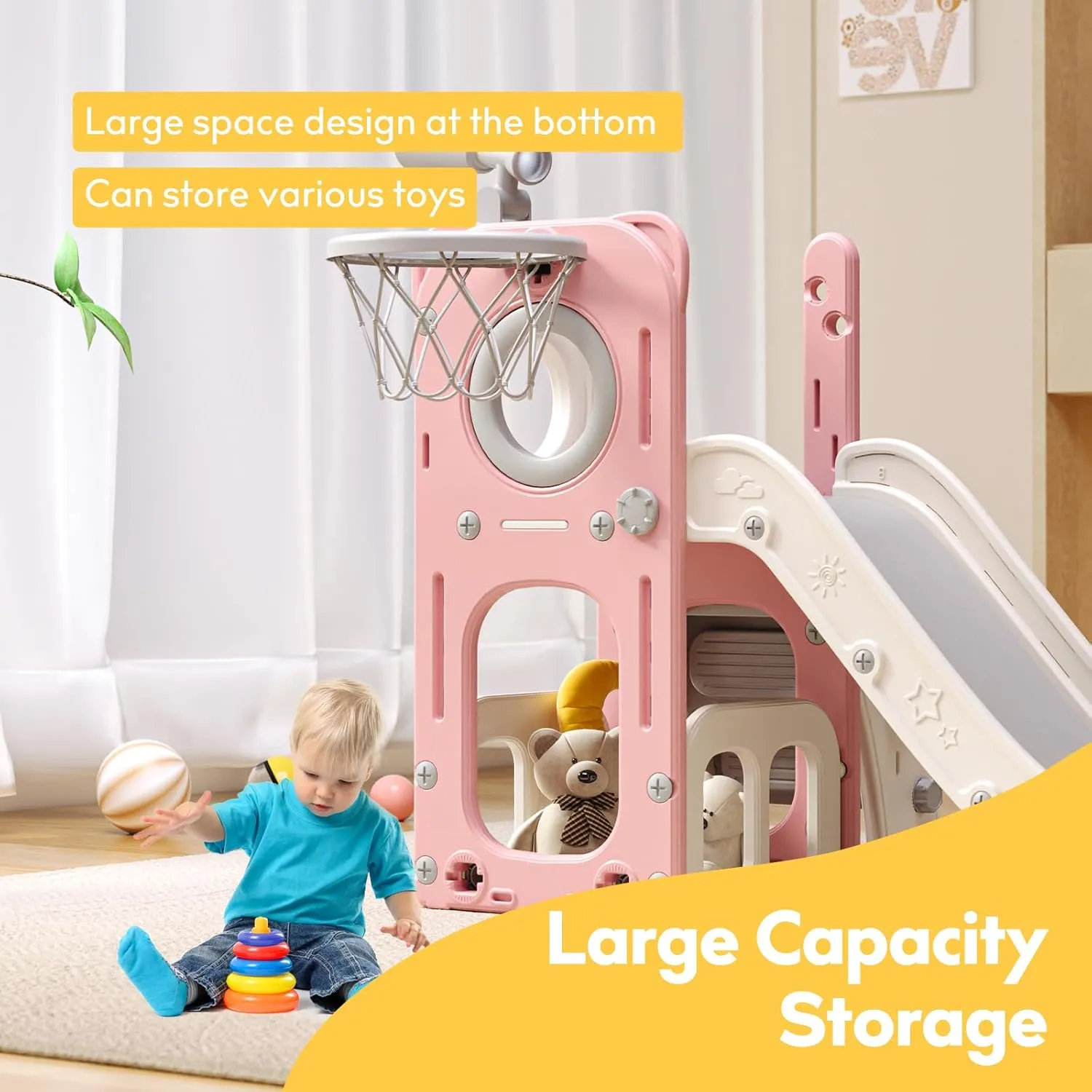 6 in 1 Toddler Playset with Slide, Kids Slide with Basketball Hoop, Ball, Ring Toss, Indoor Outdoor Toys (Pink White)
