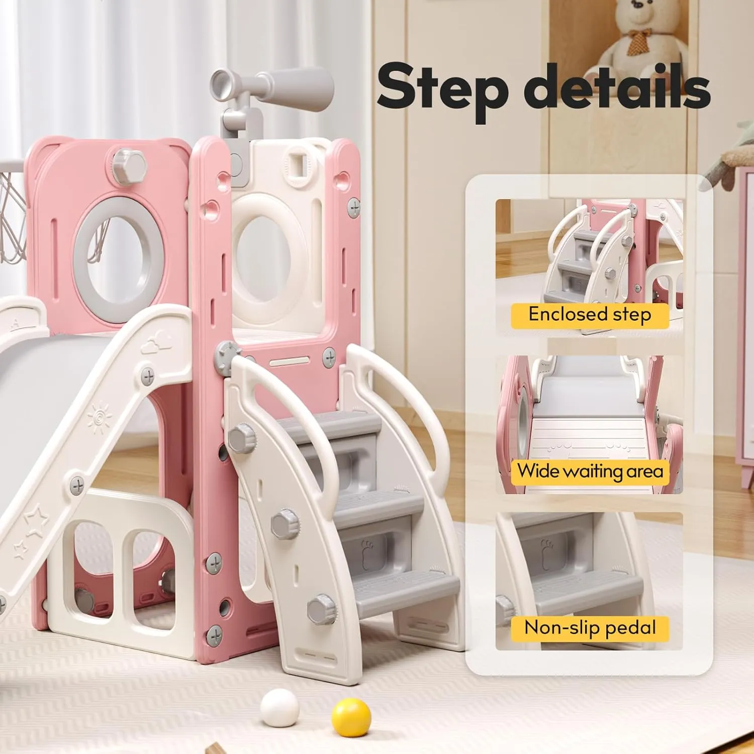 6 in 1 Toddler Playset with Slide, Kids Slide with Basketball Hoop, Ball, Ring Toss, Indoor Outdoor Toys (Pink White)