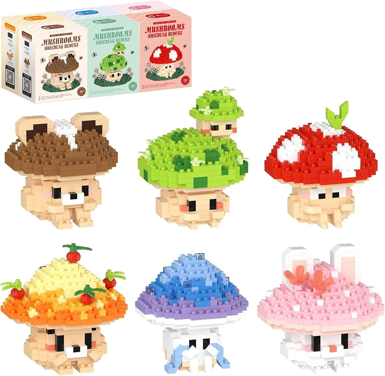 6 Set Mushroom Animals Micro Building Block Set, Creative Ideals Mushroom Animal Building Kit for Adults, Party Favors for Kids Boys Girls 12  (1956PCS)