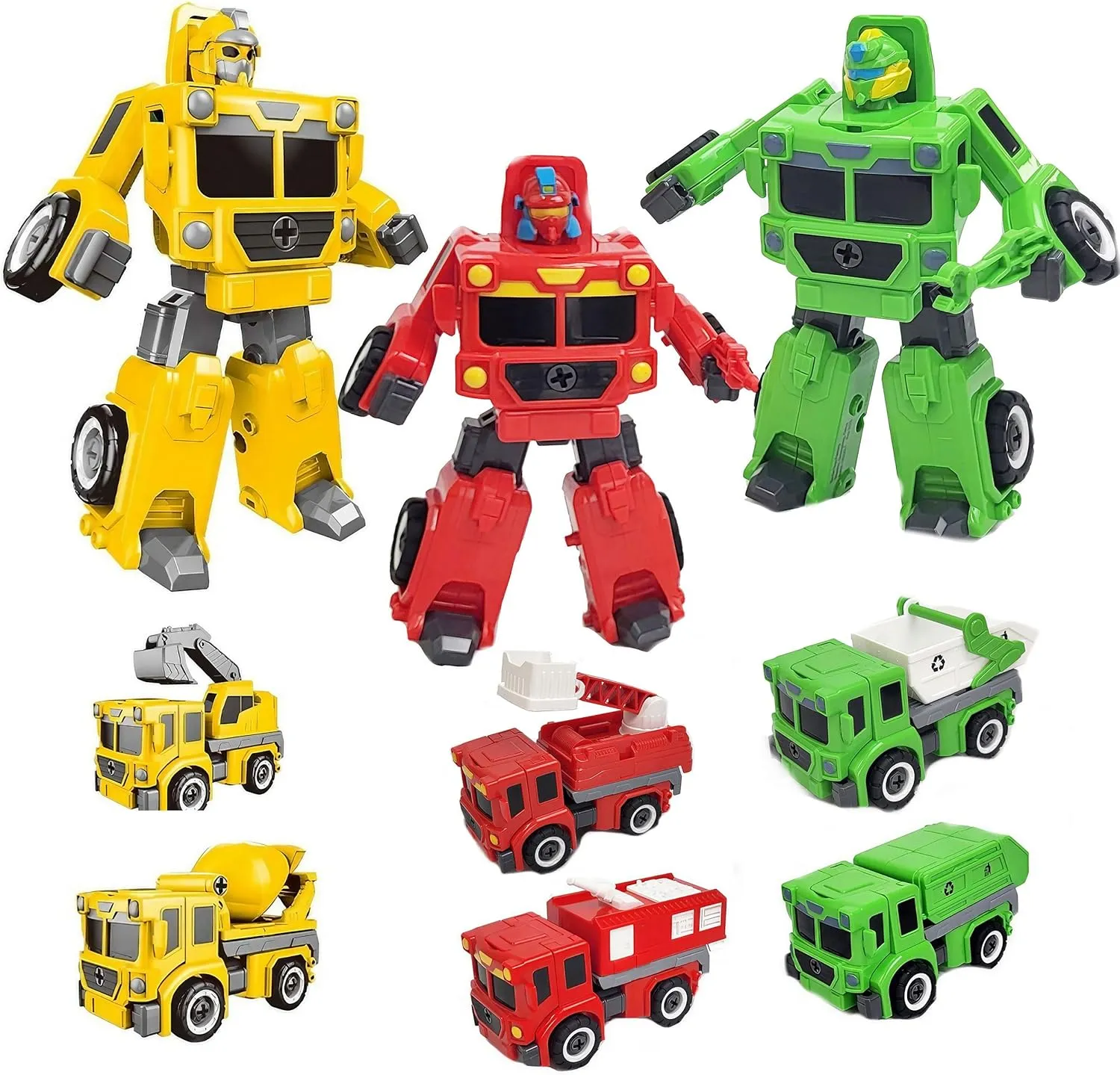 6 Truck 3 Robot Construction Vehicles Toy Set & Box, Digger Excavators Truck Building STEM Learning Gift, Electric Drill Toy Set for Boys Girls 3-12 Years, Medium, MH_TOYEDU241_KVMWG2