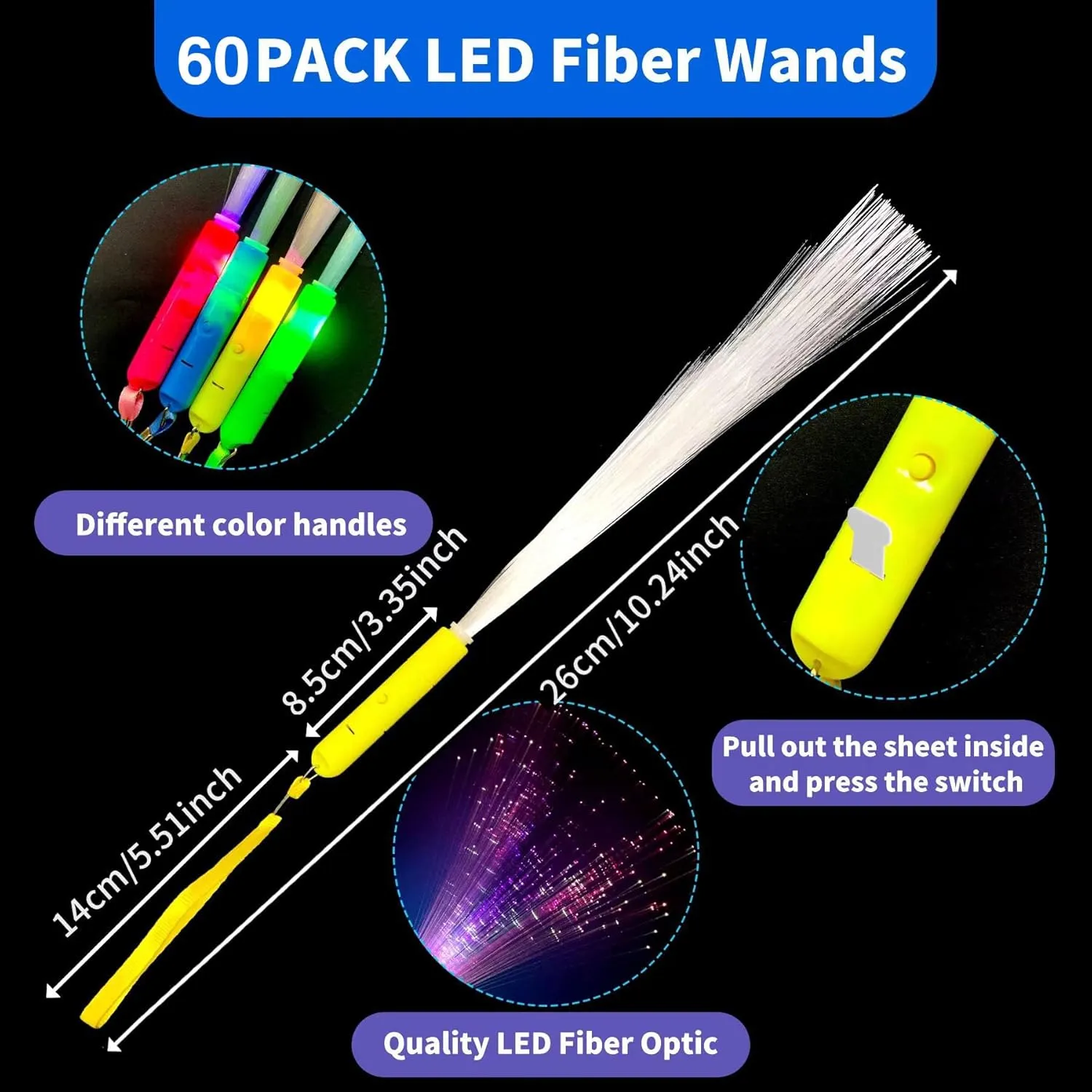 60 Pack LED Fiber Optic Wands,Glow Wands,LED Light Up Wands with 3 Flashing Models,Glow Wands Sticks for Christmas,NewYear,Valentines Day,July 4th,Wedding,Birthday,Concert Club Party Favors